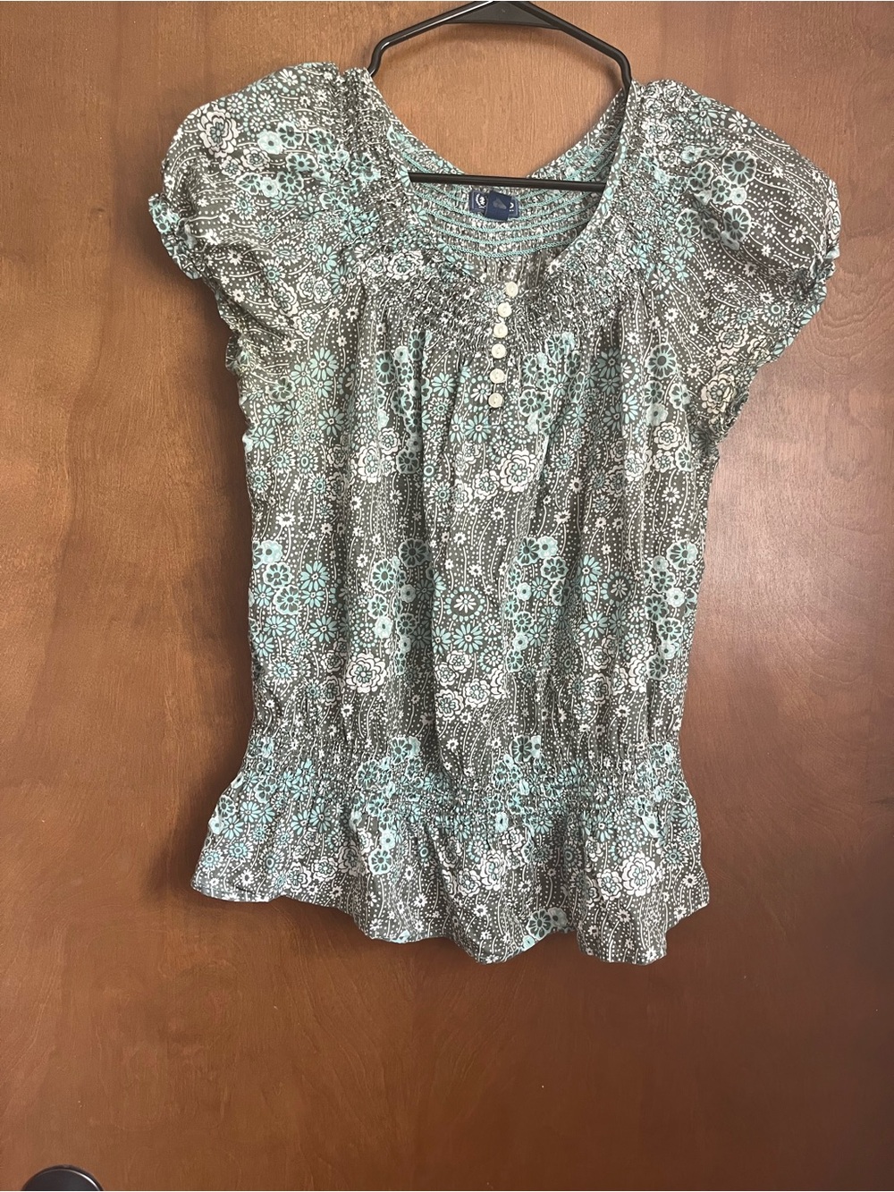 Izod Mint Green and White Floral Smocked Peplum Blouse